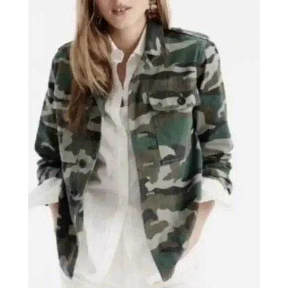 J. Crew Green Camo Camouflage Military Canvas Shirt Pocket Utility Jacket Sz XS - Picture 1 of 5